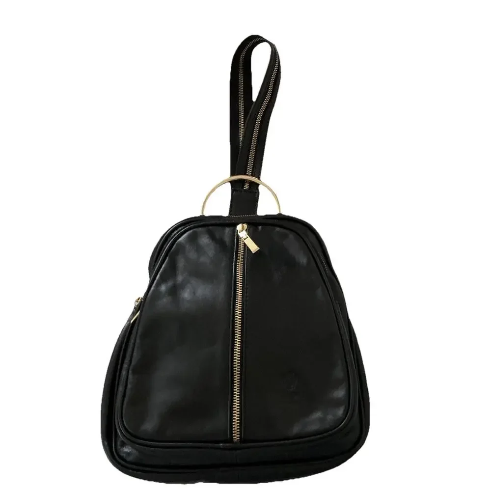 Black Italian Leather Backpack Handbag Purse Gold Zipper Straps I MEDICI FIRENZE